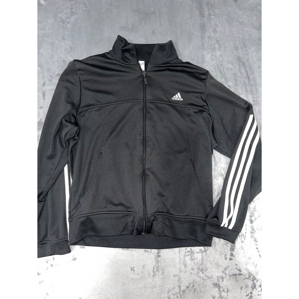Adidas Womens Black Track Jacket Full Zip 3 Stripe Athletic Top Size Large